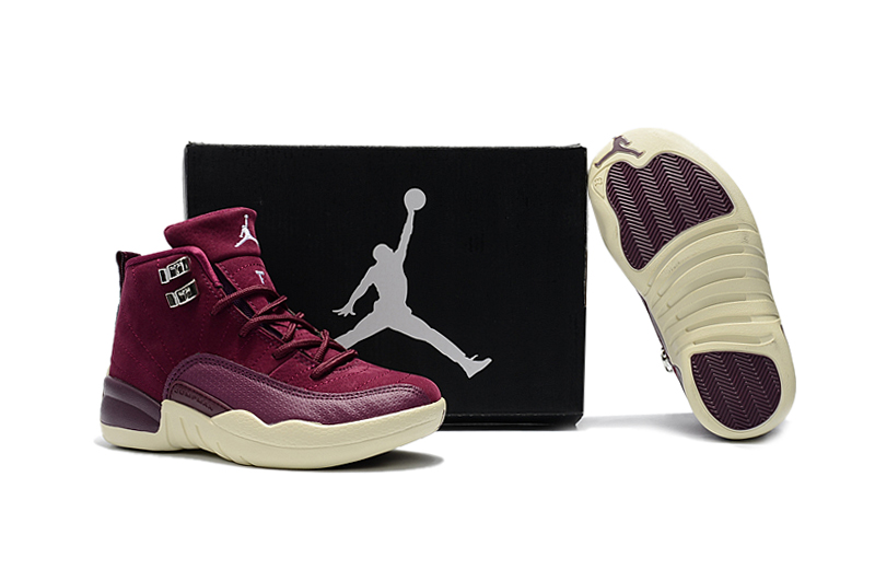 New Air Jordan 12 Wine Red Yellow Shoes For Kids